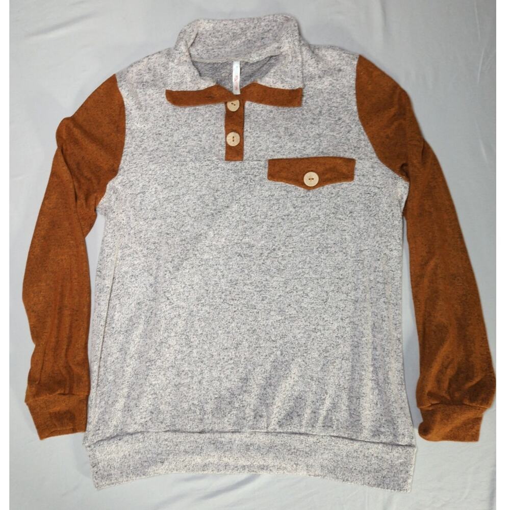 My Story Henley Pullover Sweatshirt Gray Brown Long Sleeve Button Front Pocket M